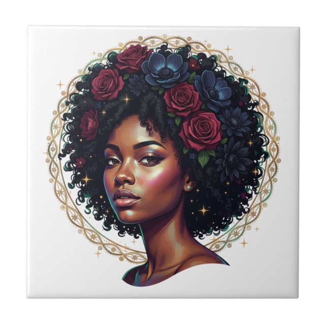 Azulejo Mujer Negra Floral Oscuro Afro (Frente)