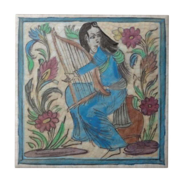 Azulejo Mujer pintada a mano con Harp Persian Antique Repr (Frente)