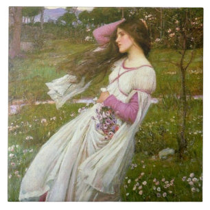 Azulejo Mujer recolectando flores en el viento