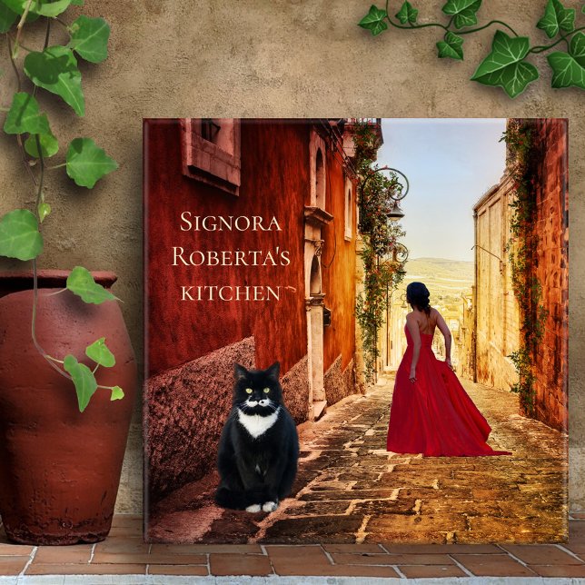 Azulejo Mujer romántica de arte italiano en mosaico rojo (A modern art tile with a Sicilian street scene with a lady in red and a cute tuxedo cat)
