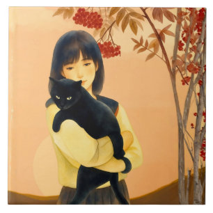 Azulejo Mujer sosteniendo un gato negro en otoño