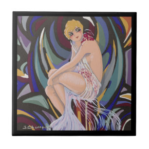 Azulejo Mujer Vintage Art Deco con Cortinas de S. Chompre