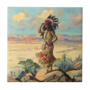 Azulejo Mujer Vintage Nativa Americana con Tocado de Pluma