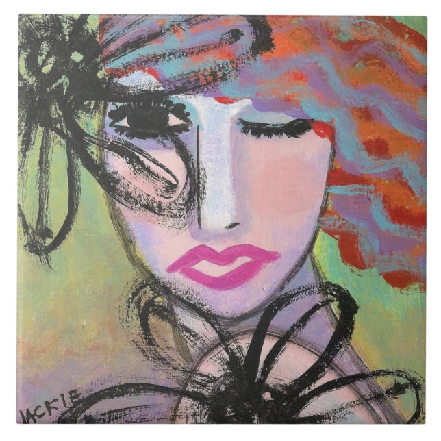 Azulejo Mujer y flores pintura abstracta (Frente)