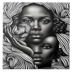 Azulejo Mujeres Afroamericanas Abstractas en Blanco y Negr