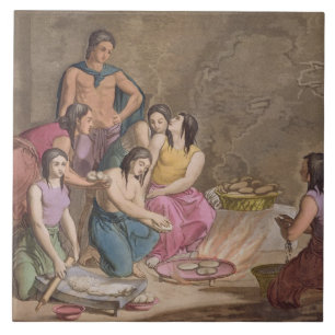 Azulejo Mujeres aztecas que hacen el pan del maíz, Méxic