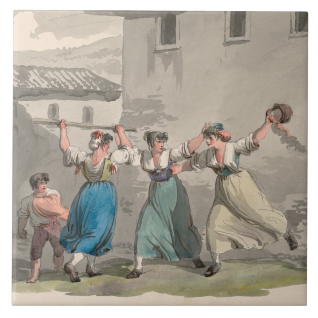 Azulejo Mujeres luchando en Roma, Italia (Escena histórica (Frente)