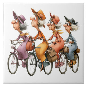 Azulejo Mujeres mayores caprichosas montando bicicletas