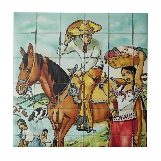 Azulejo Mujeres mexicanas y mural de cuerdas de jinete (Frente)