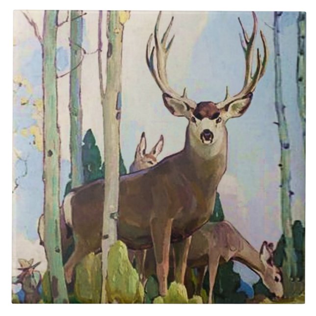 Azulejo “Mule Deer Buck and Doe” de W Herbert Dunton (Frente)