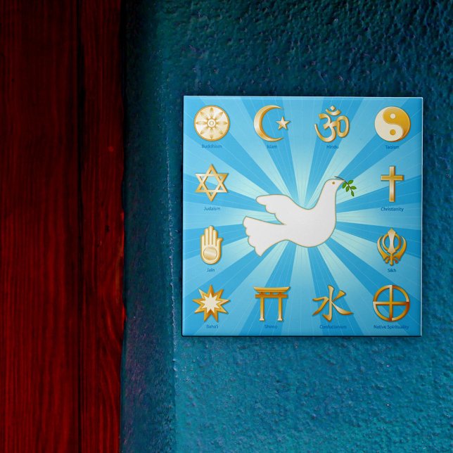 Azulejo Mundo de la Paz (Decorative ceramic tile featuring Twelve World Religions. )