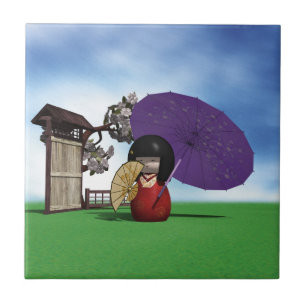 Azulejo Muñeca Kokeshi Japonesa Arte Flor de Cerezo