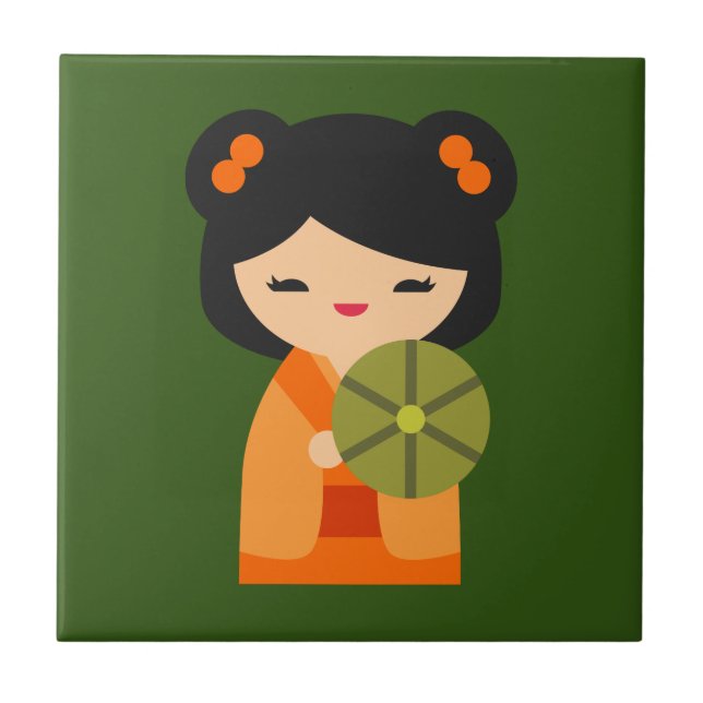 Azulejo Muñecas japonesas kokeshi, naranja lindo (Frente)