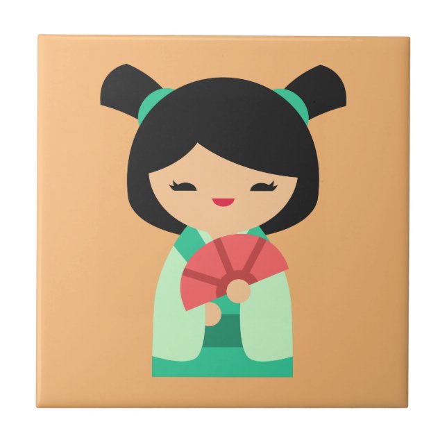 Azulejo Muñecas japonesas Kokeshi rosadas (Frente)