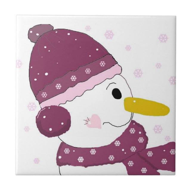 Azulejo Muñeco de nieve con bufanda y sombrero morado (Frente)