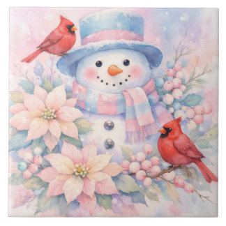 Azulejo Muñeco de nieve de acuarela pastel, poinsettia y c