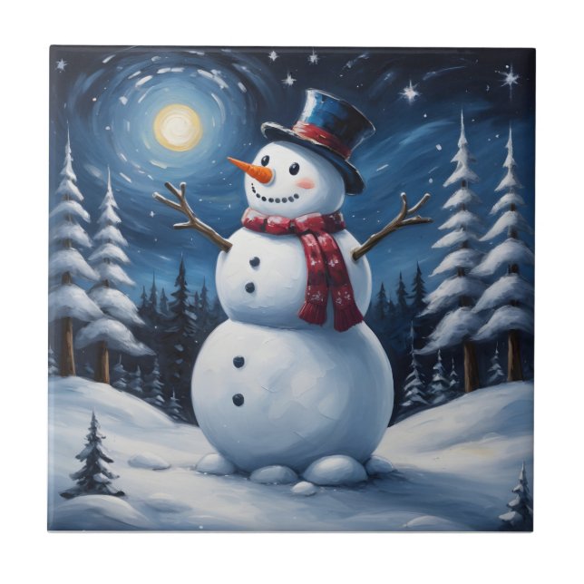 Azulejo Muñeco de nieve feliz de Navidad (Frente)