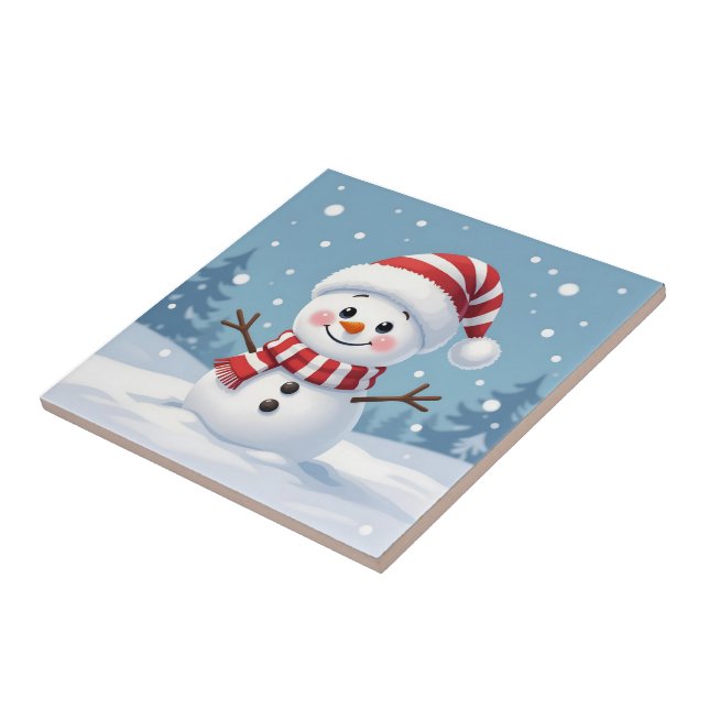 Azulejo Muñeco de nieve lindo con bufanda y sombrero (Lado)