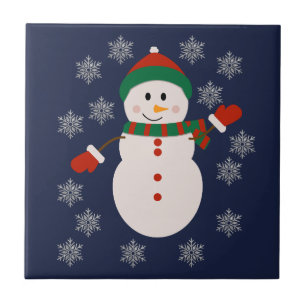 Azulejo Muñeco de nieve lindo con copos de nieve plateados