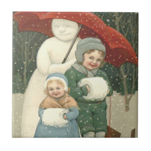Azulejo Muñeco de nieve Paraguas Niños Nieve Invierno