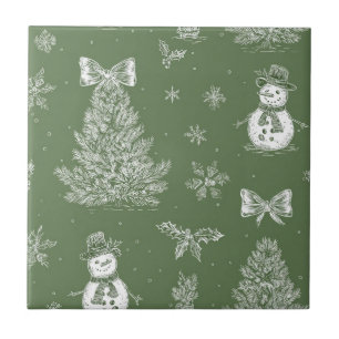 Azulejo Muñeco de nieve vintage Toile Navidad Verde Salvia