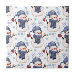 Azulejo Muñecos de nieve alegres con sombreros azules