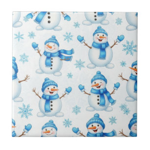 Azulejo Muñecos de nieve alegres y copos de nieve azules –