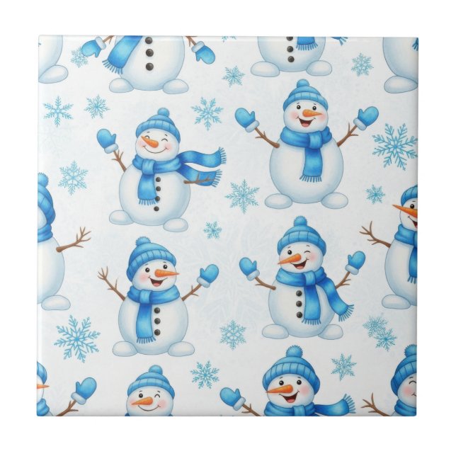 Azulejo Muñecos de nieve alegres y copos de nieve azules – (Frente)