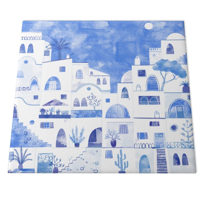 Azulejo Municipio de Santorini Greece Watercolor (Santorini blue and white watercolor painting on a ceramic tile)
