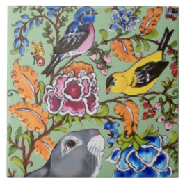 Azulejo Mural de Conejo Cute Floral Verde Bkgrd Medio Supe