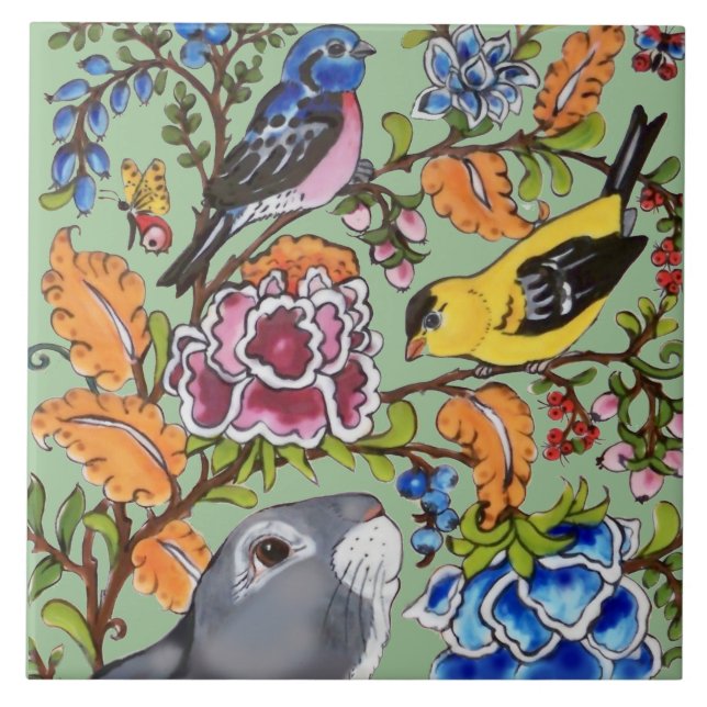 Azulejo Mural de Conejo Cute Floral Verde Bkgrd Medio Supe (Frente)