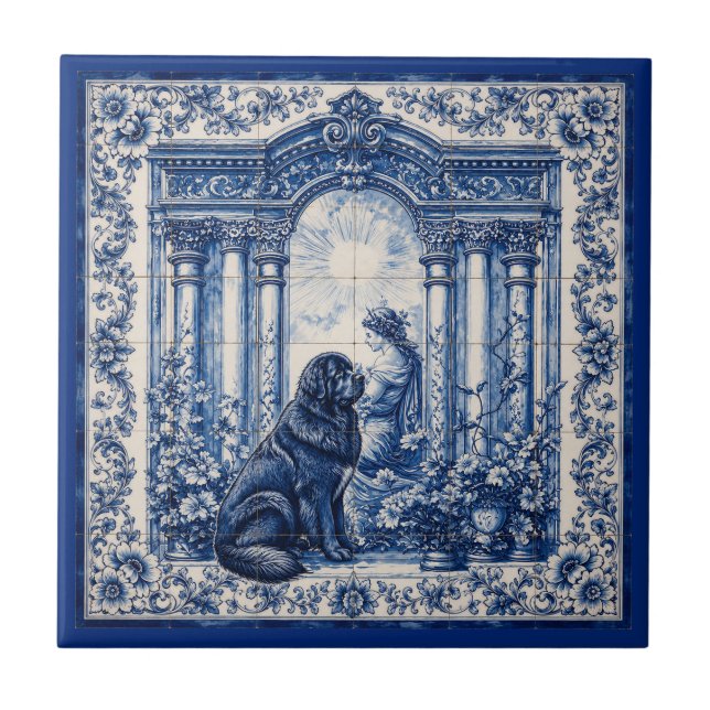 Azulejo mural de jardín Newfoundland azul y blanco (Frente)