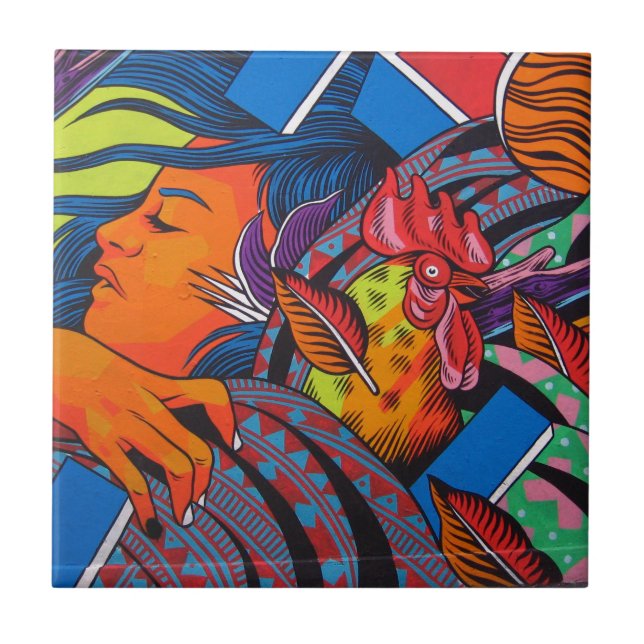 Azulejo Mural de la pared de la mujer y del pollo (Frente)