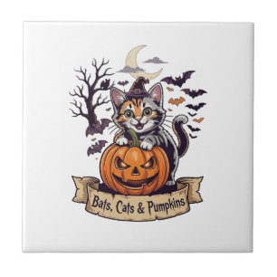 Azulejo Murciélagos Gatos Calabazas Halloween Bruja Gato E