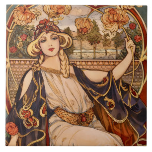Azulejo Musa del Crisantemo Dorado – Floral Art Nouveau