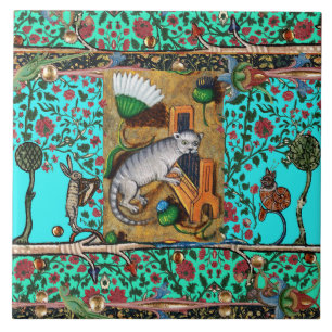 AZULEJO MÚSICA DE BESTIARIO MEDIEVAL,GATO TOCANDO ÓRGANO A