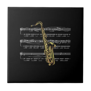 Azulejo Música saxofónica con hojas ~ fondo negro