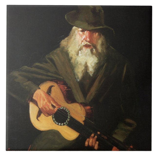 Azulejo Músico de hobo (hombre viejo guitarista) (cosecha) (Frente)
