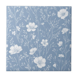 Azulejo Muted Blue And White Wildflower Pattern