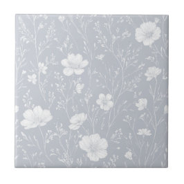 Azulejo Muted Gray And White Wildflower Pattern