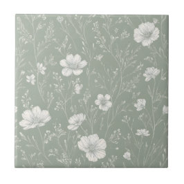 Azulejo Muted Sage Green And White Wildflower Pattern