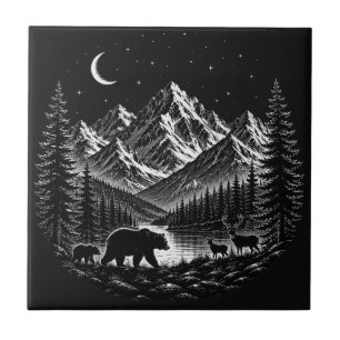 Azulejo Mystic Mountain Wilderness Night Estilo Linóleo