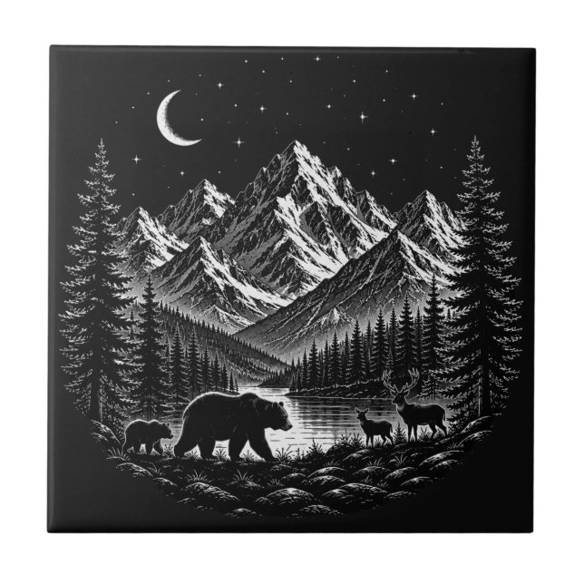 Azulejo Mystic Mountain Wilderness Night Estilo Linóleo (Frente)