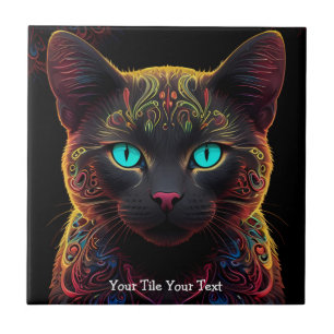 Azulejo Mystic Neon Mandala Cat Fantasía felina psicodélic