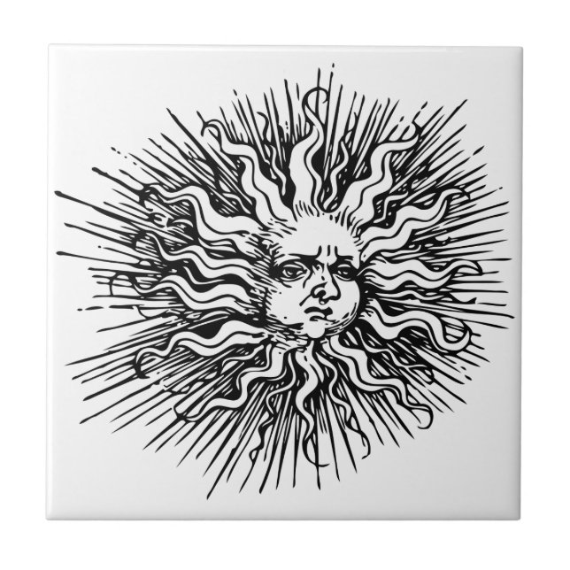 Azulejo Mystical Antiguo Vintage Black White Sun Face (Frente)