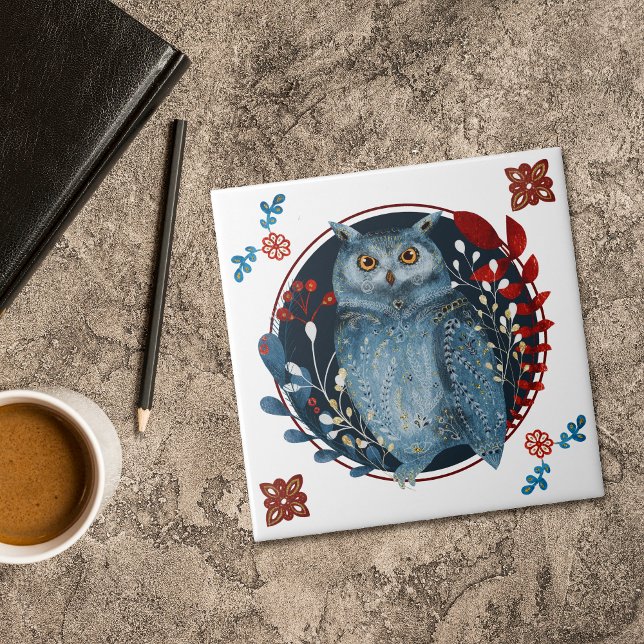 Azulejo Mystical Blue Owl Red Leaves Folk Art (Subido por el creador)