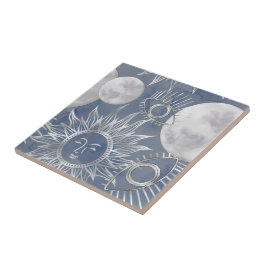 Azulejo Mystique solar | Dusty Blue Silver Moon Stars Sun