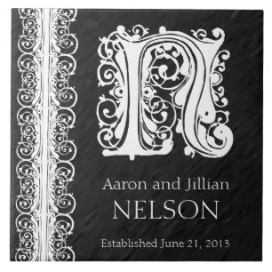 Azulejo N Monograma "Lazo blanco sobre negro" Boda Tile