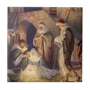 Azulejo Nacimiento de Navidad vintage, 3 pastores y Jesús