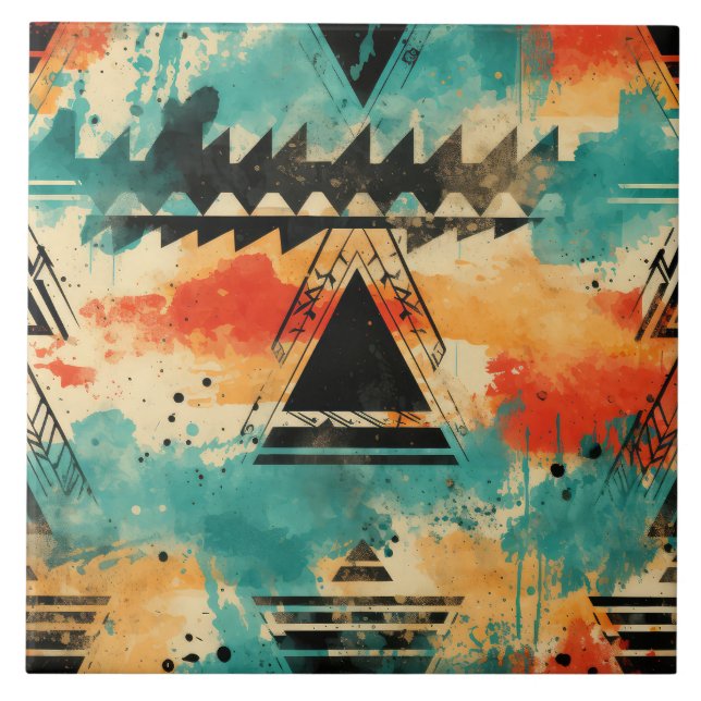 Azulejo Naranja abstracto geométrico de patrón azteca retr (Frente)